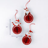 Set of red honeycomb Santa Christmas ornaments shown with one measuring about 5.5 inches tall and 3.5 inches wide.