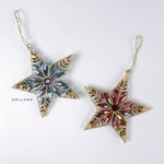 Set of two jeweled star Christmas ornaments in blue and red tones shown at 4.75 inches long and 4.75 inches high.
