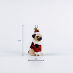 pug dog Christmas ornament in red outfit measuring 3.75 inches tall and 2.5 inches wide, Christmas tea towel