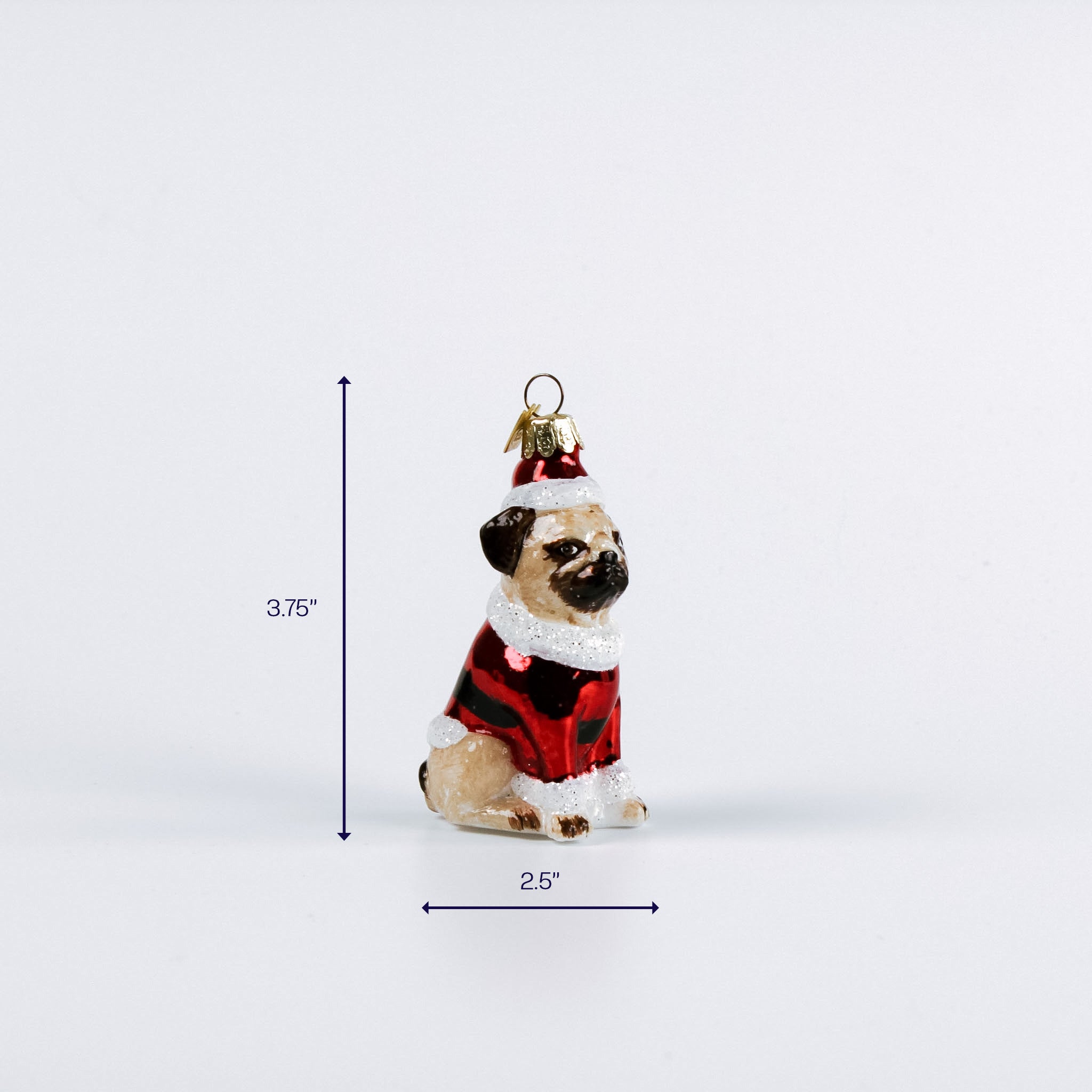 pug dog Christmas ornament in red outfit measuring 3.75 inches tall and 2.5 inches wide, Christmas tea towel