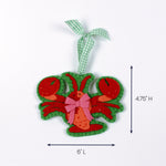 Red felt lobster ornament with a pink bow and green trim shown with 6 inch length and 4.75 inch height.