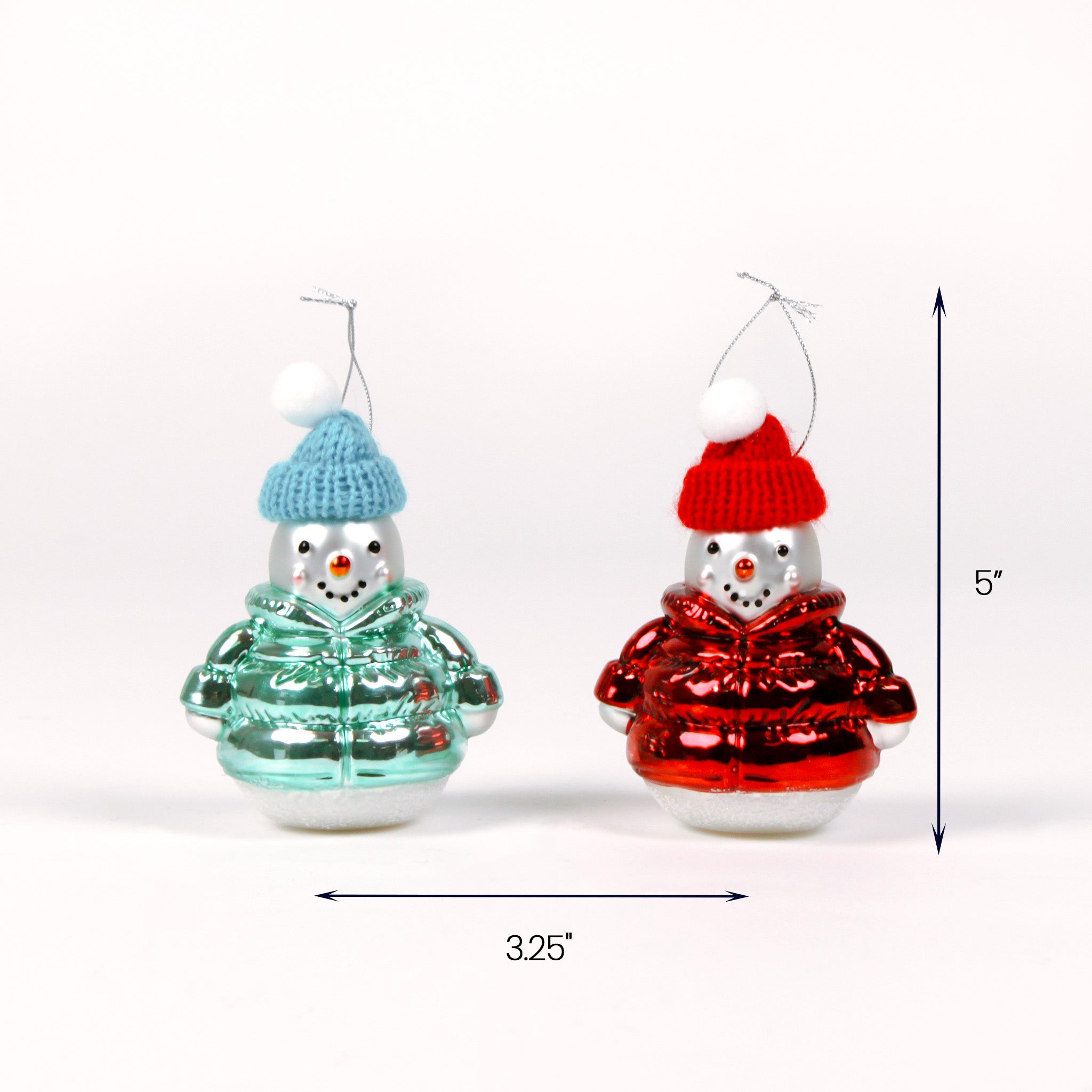 two snowman ornaments with knit hats standing side by side, 5 inches tall, Christmas tea towel