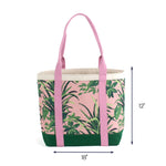 Large canvas tote bag with pink and green tropical leaf pattern, green base panel, and pink shoulder straps, shown with 18-inch width and 12-inch height dimensions