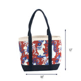 Large Imperial Palace red canvas tote bag with blue and white floral motif, navy handles, 18 by 12 inch dimensions on white background