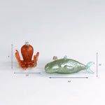 Octopus and whale Christmas ornaments, 4in and 6.5in sizes.