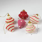 Set of red, pink, and white striped and polka-dot Christmas ornaments, each about 3.5 inches.