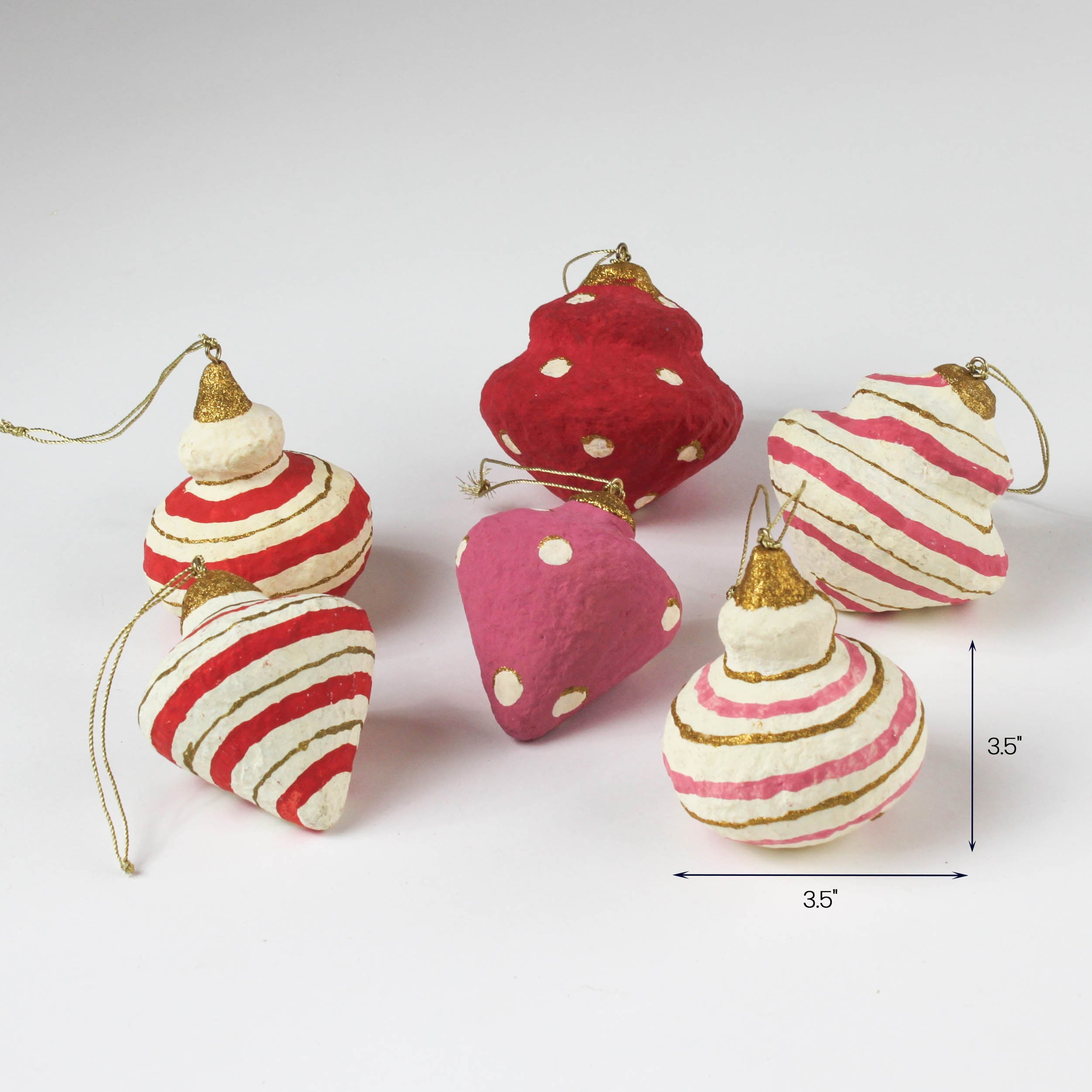 Set of red, pink, and white striped and polka-dot Christmas ornaments, each about 3.5 inches.