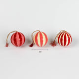 Three red striped spherical Christmas ornaments with gold hanging cords and tassels, each about 3.5 inches wide.