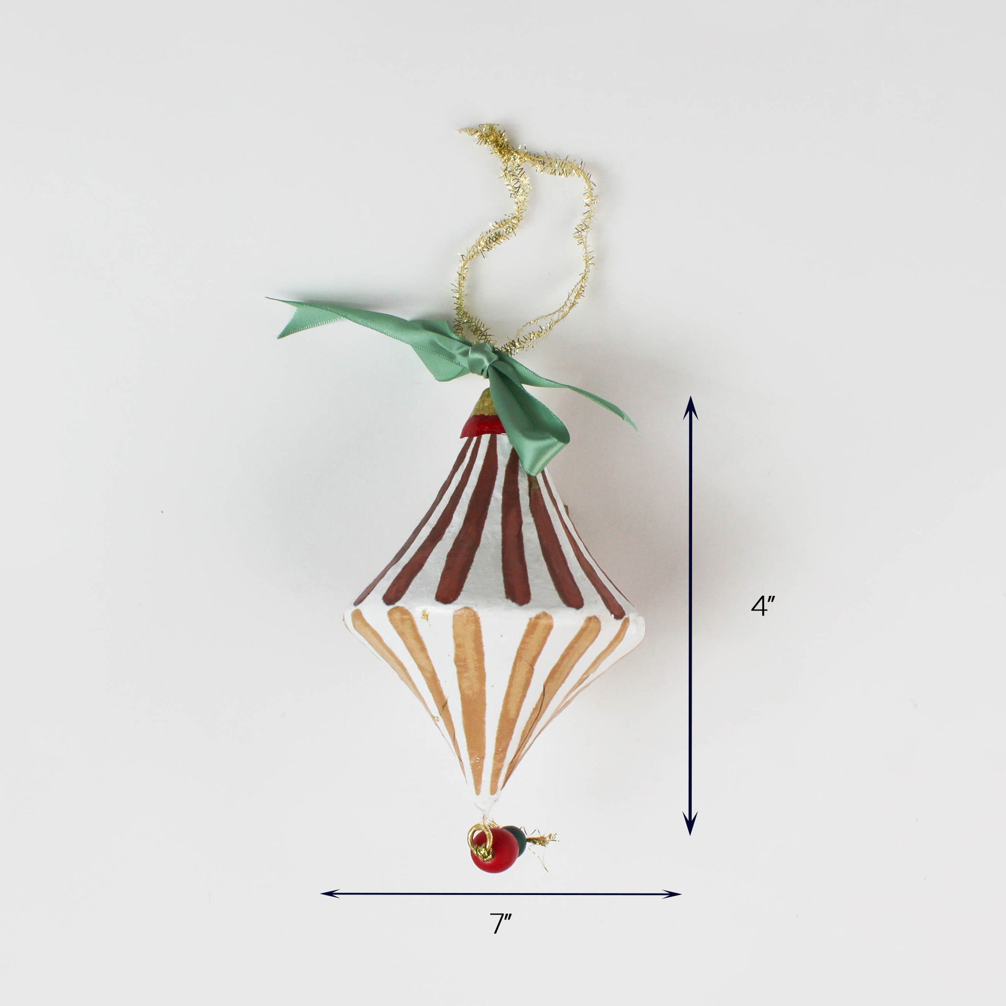 White and gold diamond-shaped ornament with ribbon, 4 inches tall.