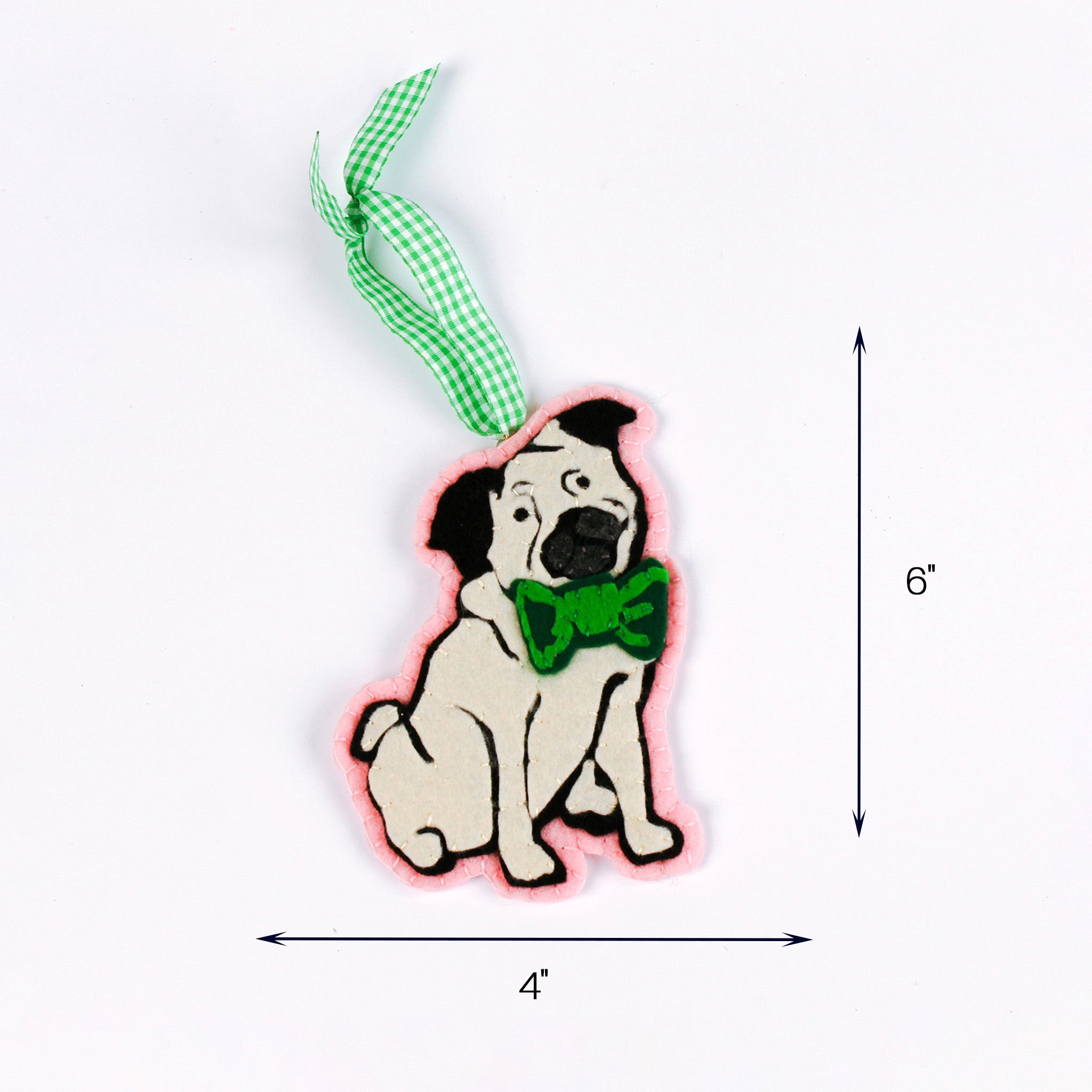 Felt Christmas ornament shaped like a pug wearing a green bow tie, hanging from a green gingham ribbon; approximately 6 inches tall and 4 inches wide.