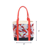 Large Rock Lobster canvas tote bag with blue lobster and shell print, red handles, 18-inch wide by 12-inch tall reusable tote