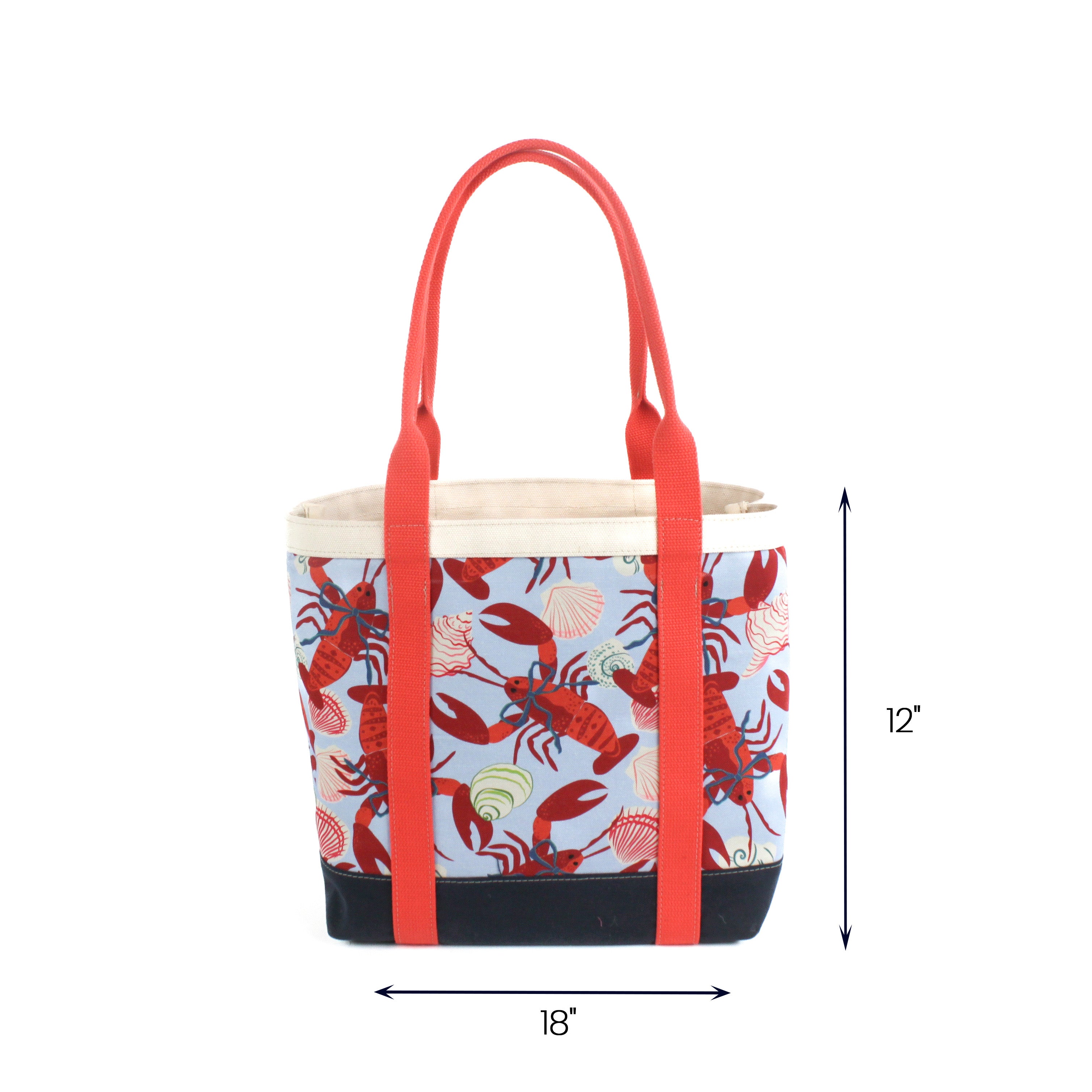 Large Rock Lobster canvas tote bag with blue lobster and shell print, red handles, 18-inch wide by 12-inch tall reusable tote