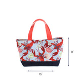 Small Rock Lobster canvas tote bag with red lobster and seashell print, light blue background, 15 by 8 inch dimensions on white background