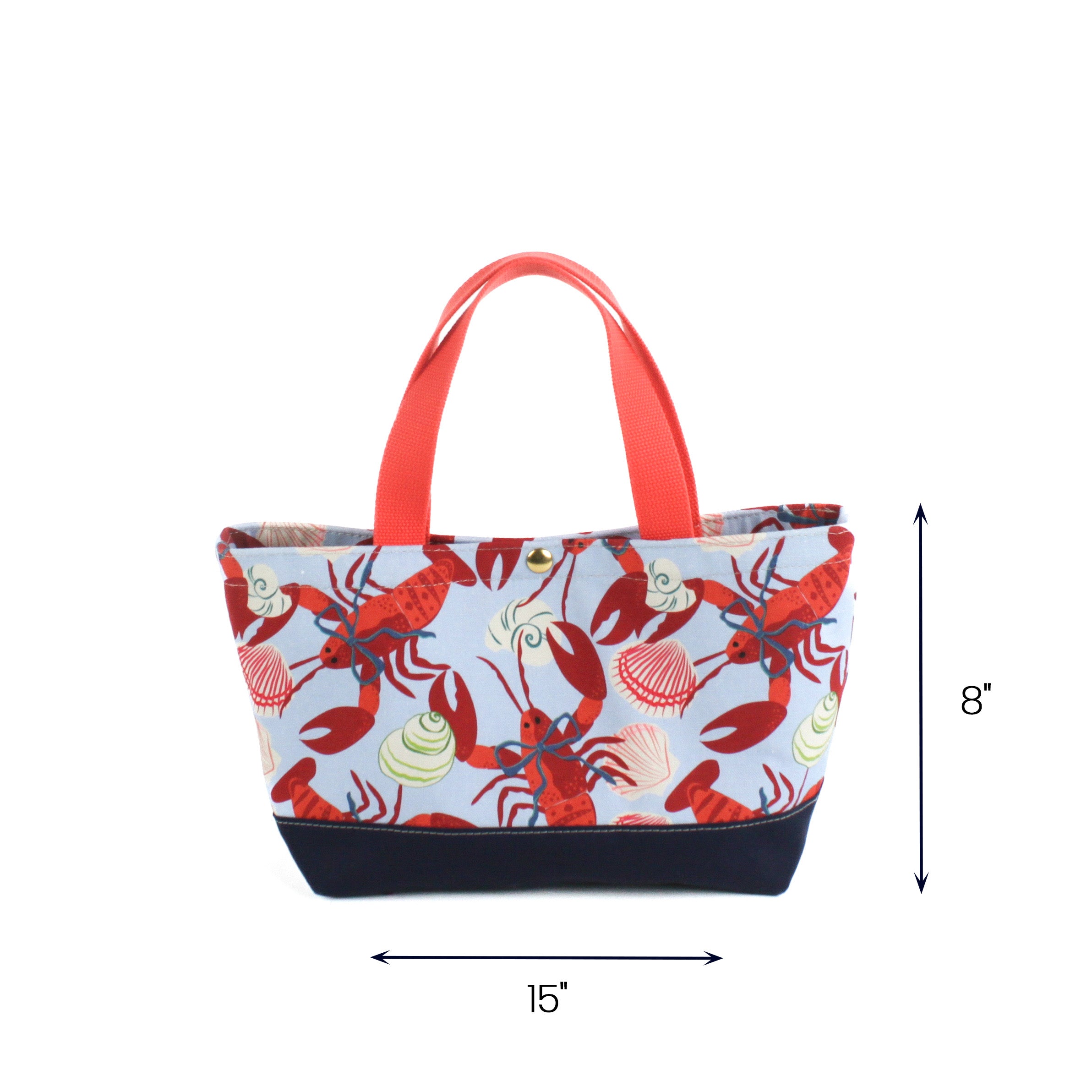 Small Rock Lobster canvas tote bag with red lobster and seashell print, light blue background, 15 by 8 inch dimensions on white background