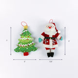 Two felt Christmas ornaments: a green Christmas tree with sequins measuring about 7 inches tall and 5 inches wide, and a Santa ornament measuring about 5 inches tall and 7.25 inches wide, shown with measurement arrows.