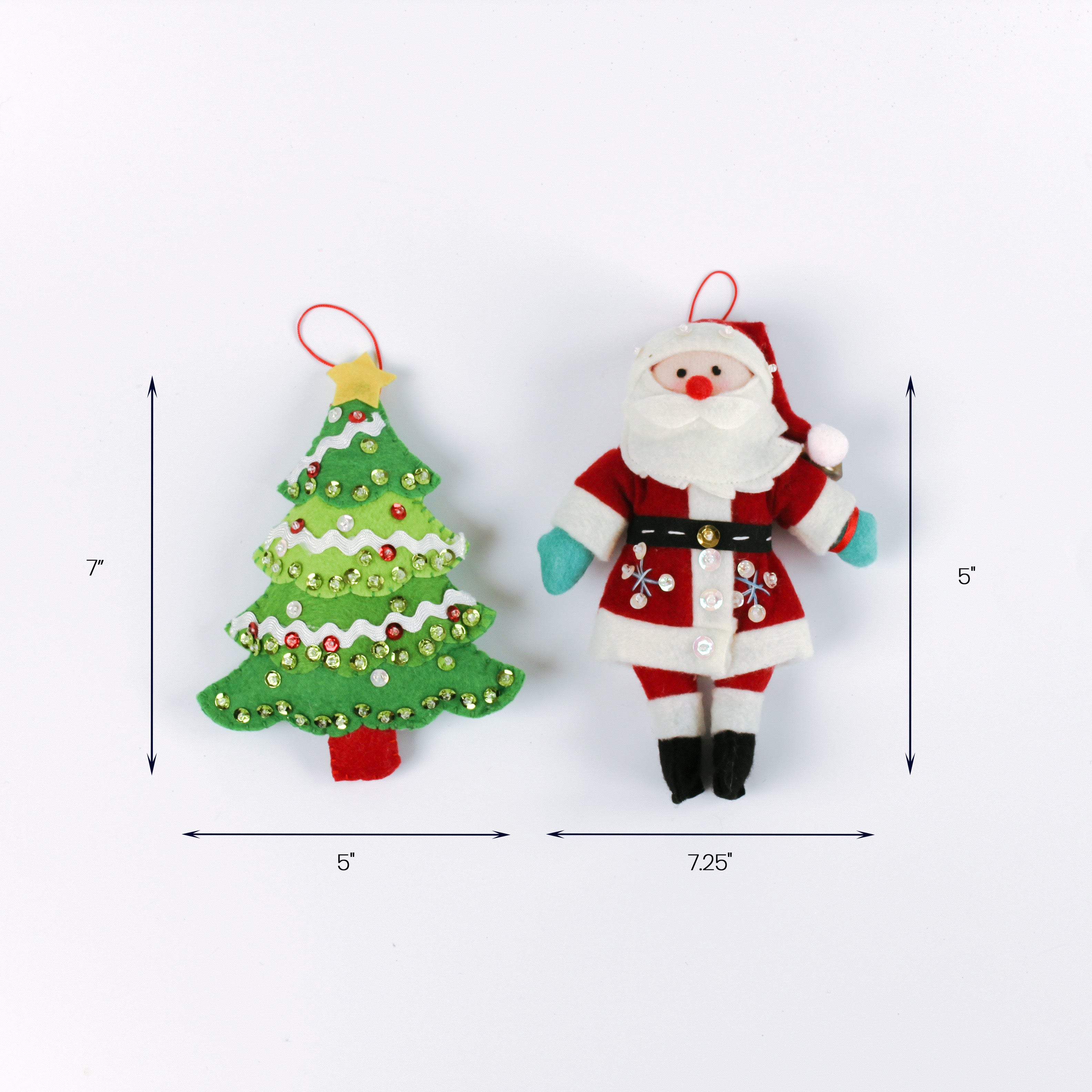 Two felt Christmas ornaments: a green Christmas tree with sequins measuring about 7 inches tall and 5 inches wide, and a Santa ornament measuring about 5 inches tall and 7.25 inches wide, shown with measurement arrows.