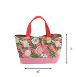 Small Shell Seekers pink and green canvas tote bag with seashell print, coral handles, 15 by 8 inch dimensions 