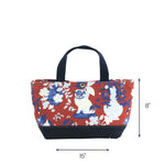 Small red canvas tote bag with Imperial Palace chinoiserie print, navy handles, and 15 by 8 inch dimensions 
