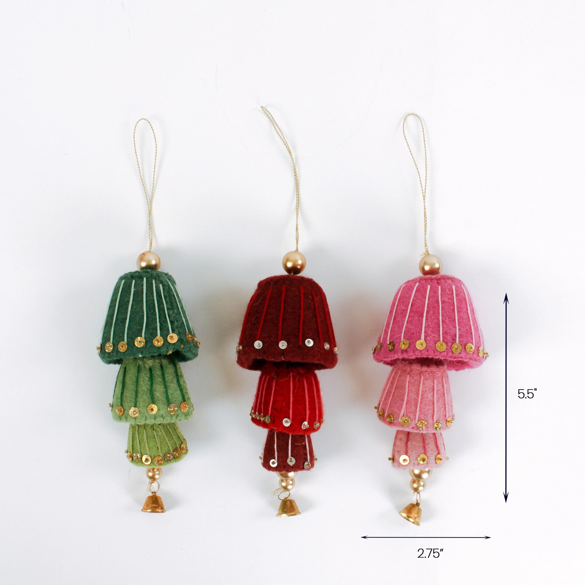 Set of three felt bell ornaments in green, red, and pink with gold sequins and hanging loops, measuring about 5.5 inches tall and 2.75 inches wide.