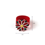 Christmas felt napkin ring with white and yellow poinsettia flower, red band, 1.75 inches wide and 2.25 inches tall.