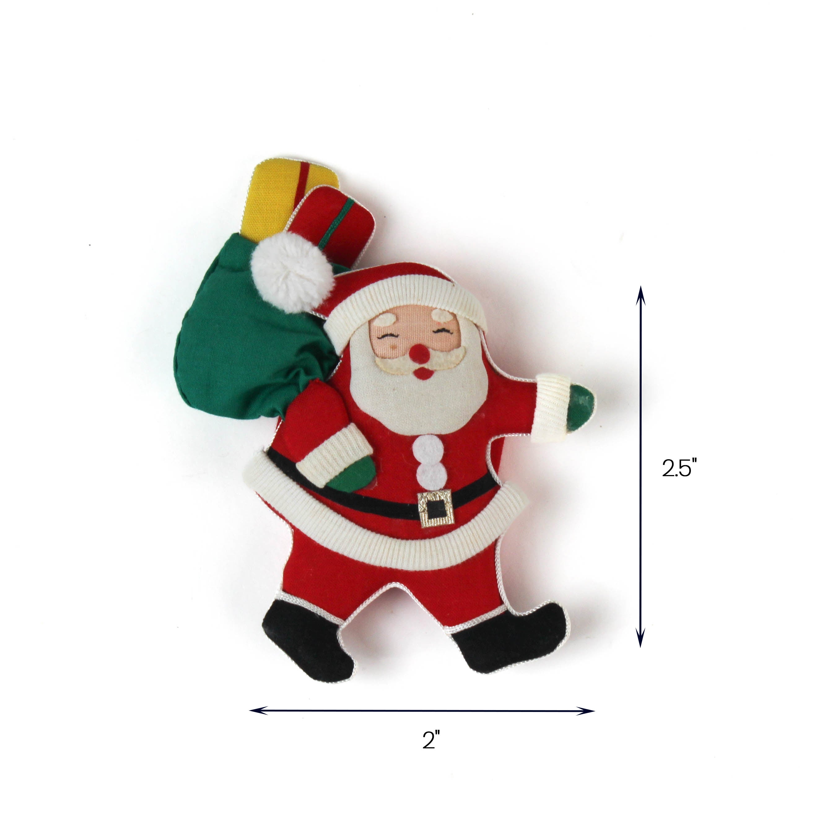 Small Santa Claus felt ornament with gift bag, red suit, 2.5 inches tall and 2 inches wide.