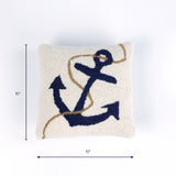 Square cream pillow with a navy anchor and rope design shown with 10 inch width and 10 inch height.