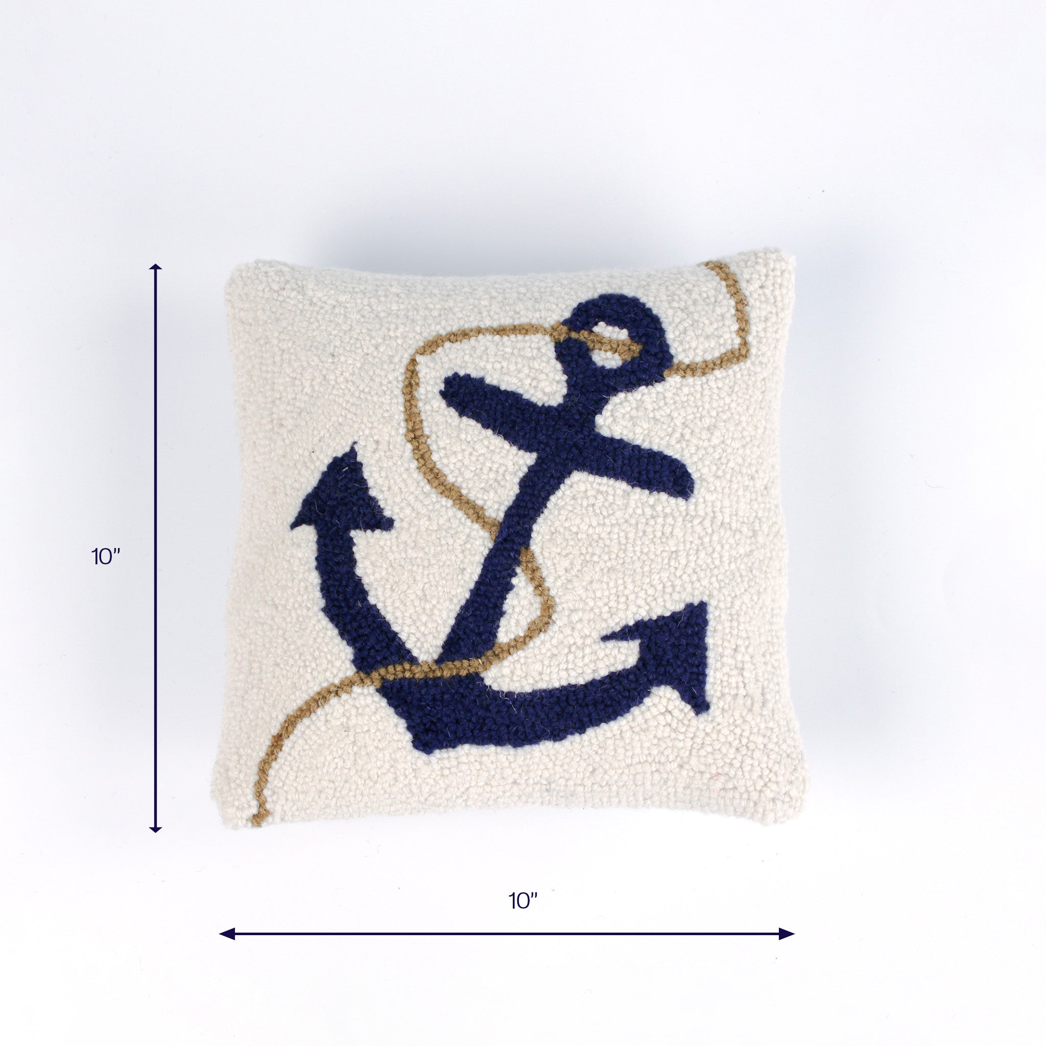 Square cream pillow with a navy anchor and rope design shown with 10 inch width and 10 inch height.
