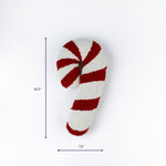 Red and white striped candy cane pillow shown with 14.5 inch height and 7.5 inch width.