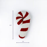 Red and white striped candy cane pillow shown with 14.5 inch height and 7.5 inch width.