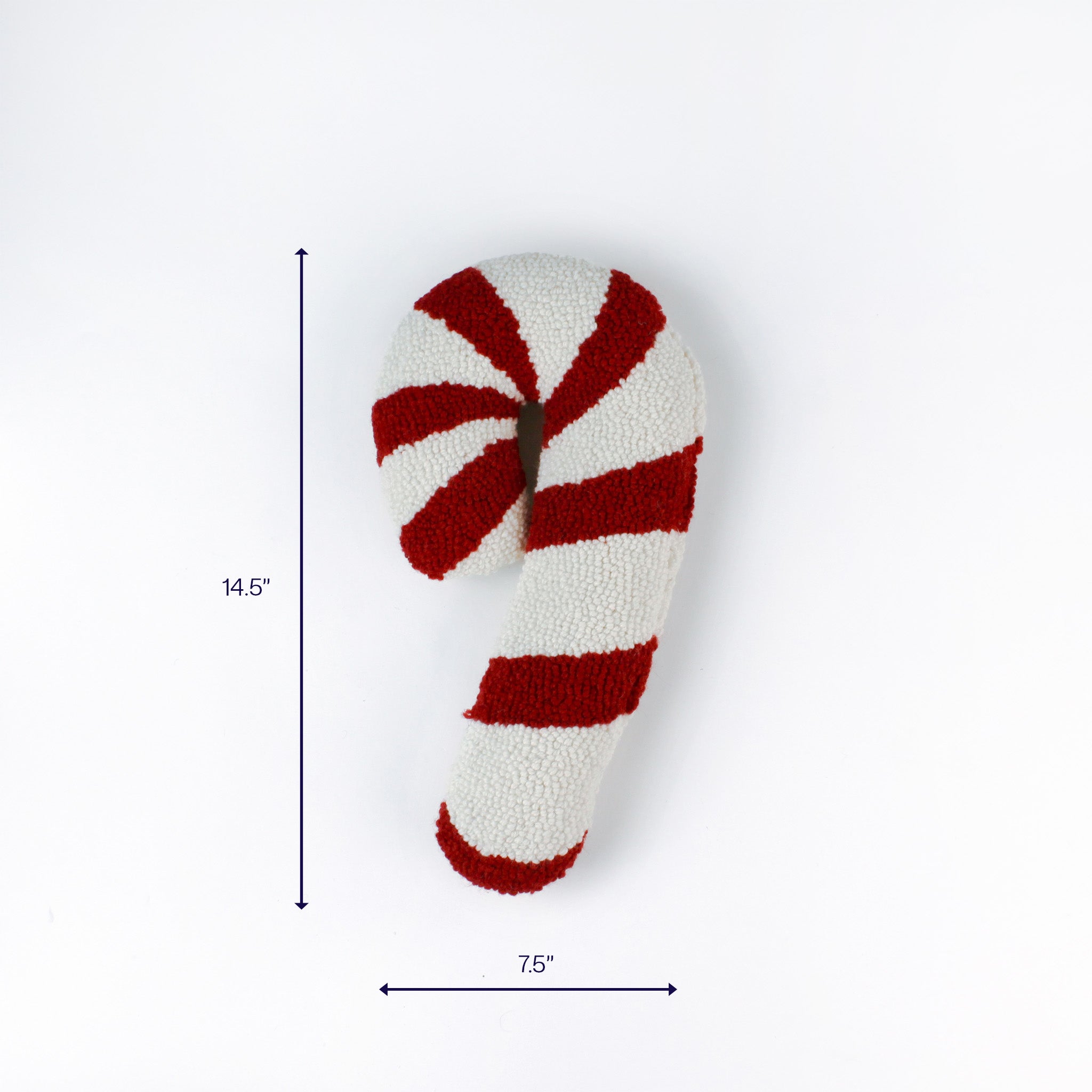 Red and white striped candy cane pillow shown with 14.5 inch height and 7.5 inch width.