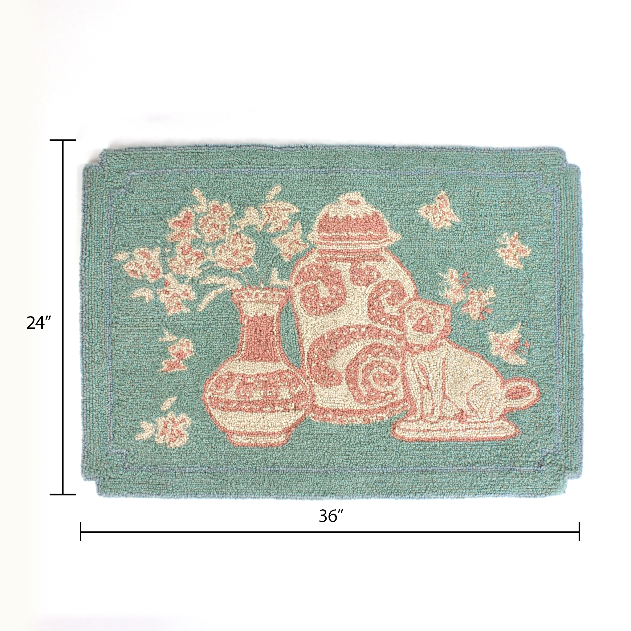 dimensions of A small pink and green rug with chinoiserie motifs