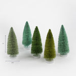 Set of green bottle brush Christmas trees on white bases shown with an 8 inch height and 2.75 inch width.