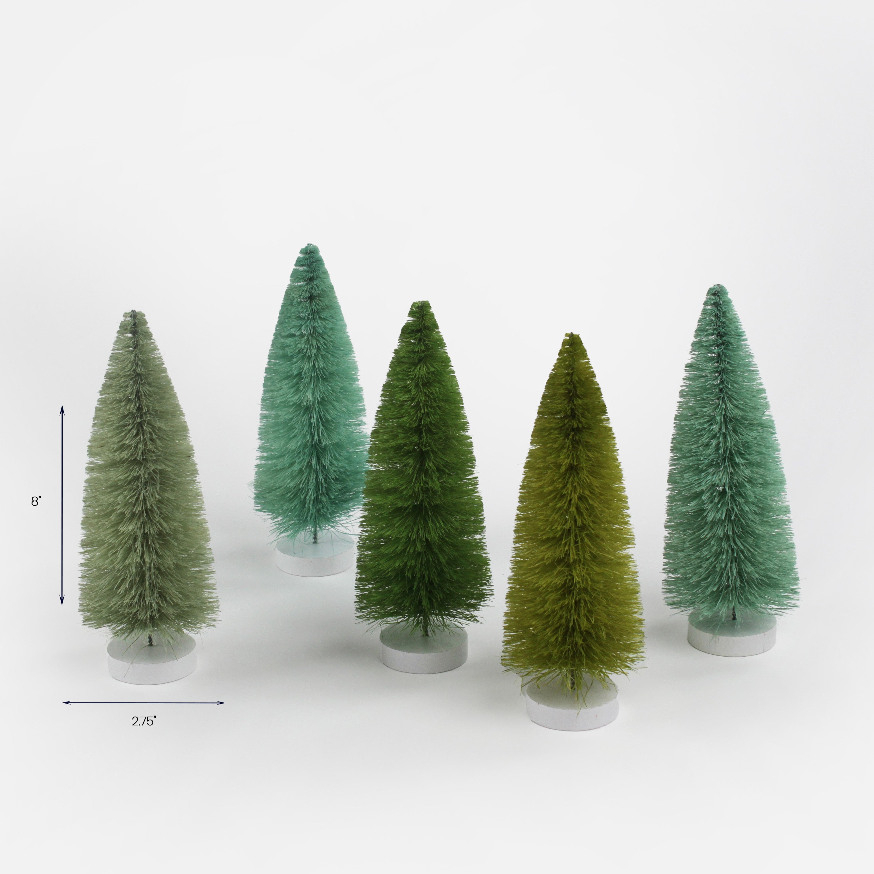 Set of green bottle brush Christmas trees on white bases shown with an 8 inch height and 2.75 inch width.