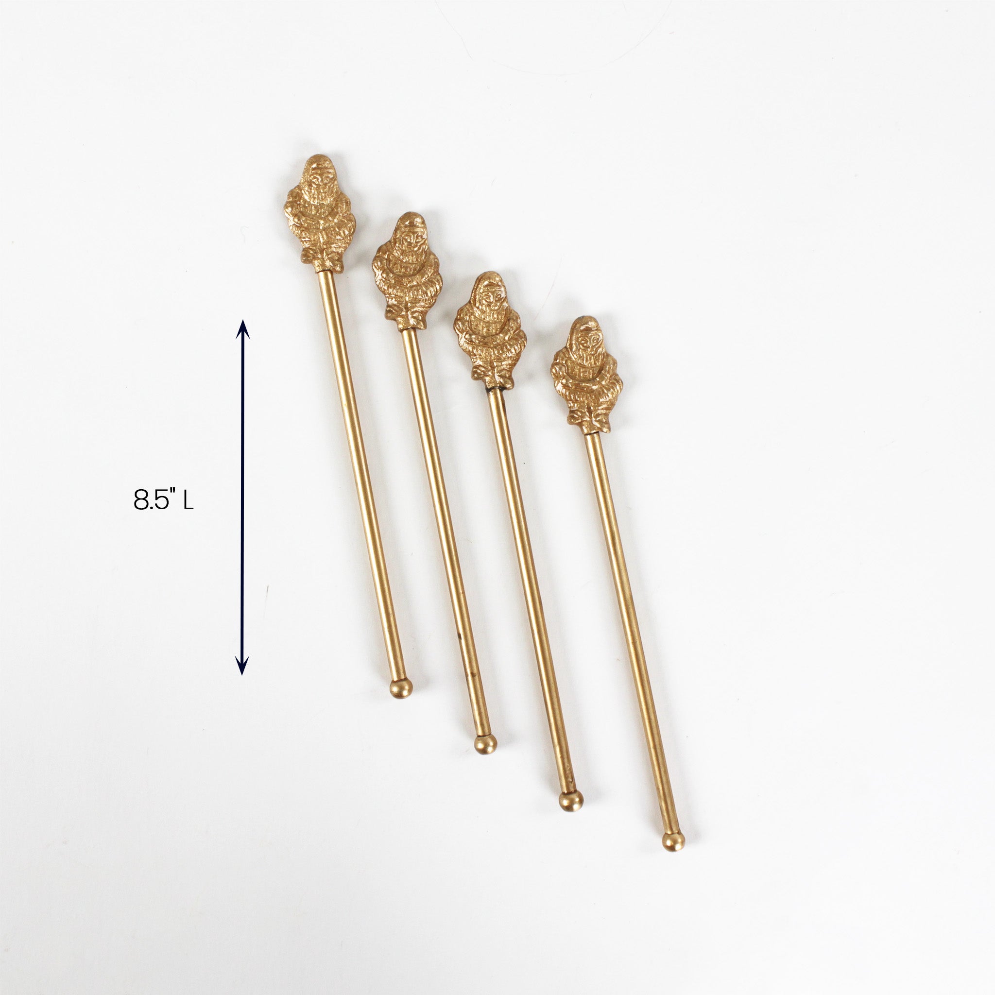 Set of four gold drink stirrers with decorative tops, each measuring 8.5 inches long.