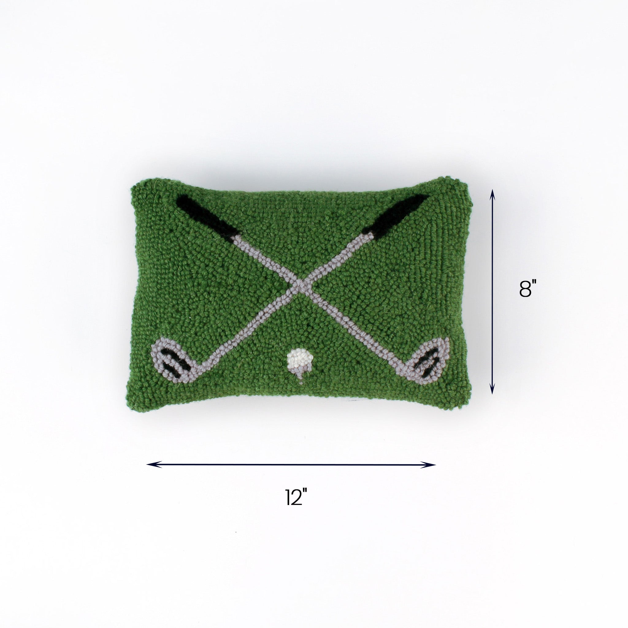 Green rectangular pillow with two crossed golf clubs and a golf ball design, measuring 12 inches by 8 inches.