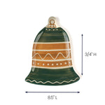 Green and gold striped bell-shaped ceramic dish, 8.5 inches long.