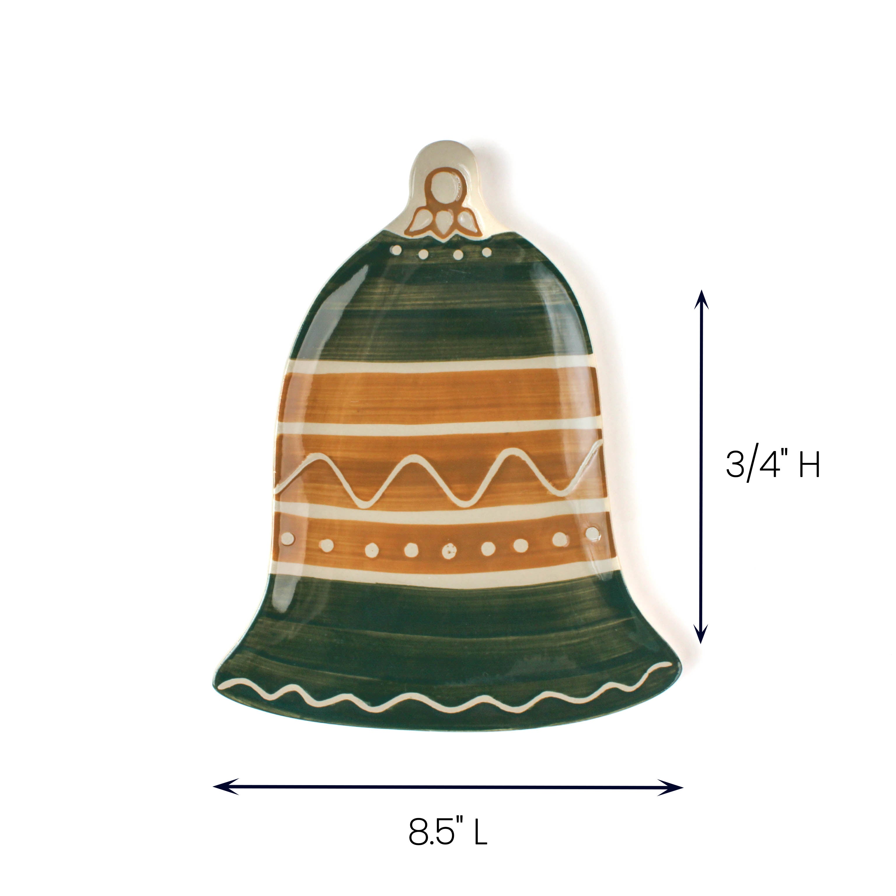 Green and gold striped bell-shaped ceramic dish, 8.5 inches long.