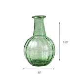 Green glass vase with ribbed round base, 5.25 inches tall.