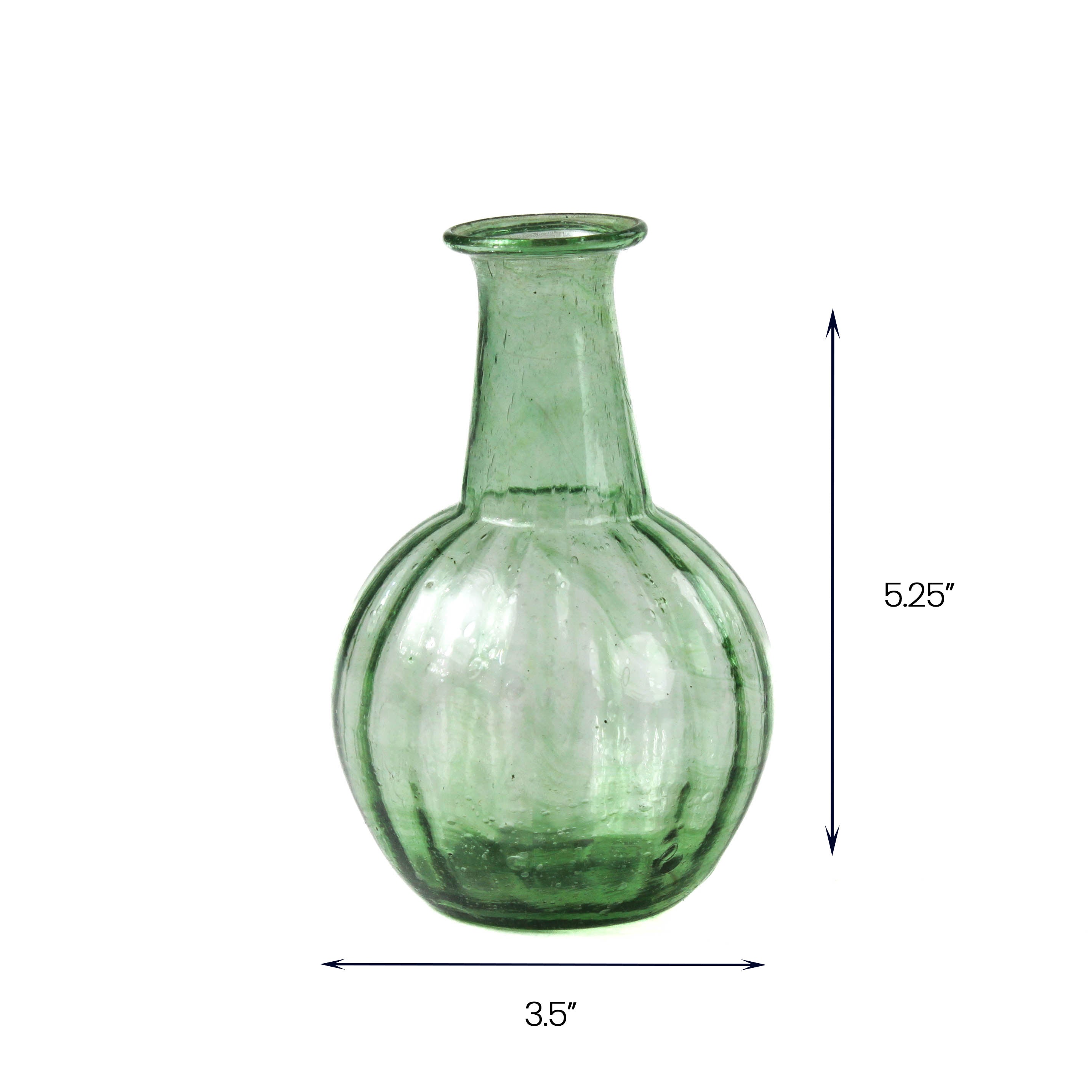 Green glass vase with ribbed round base, 5.25 inches tall.