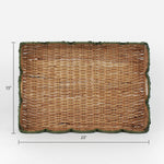Rattan tray with scalloped edge and green trim on a white background and dimensions marked 15" x 23"