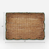 Rattan tray with scalloped edge and green trim on a white background and dimensions marked 15" x 23"