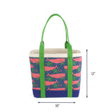 Large canvas tote bag Whale of time green shoulder straps, shown with dimensions measuring 18 inches wide by 12 inches tall