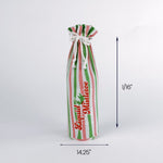 Striped Christmas bottle bag with red green and white colors and Liquid Mistletoe text shown standing upright with size measurements.