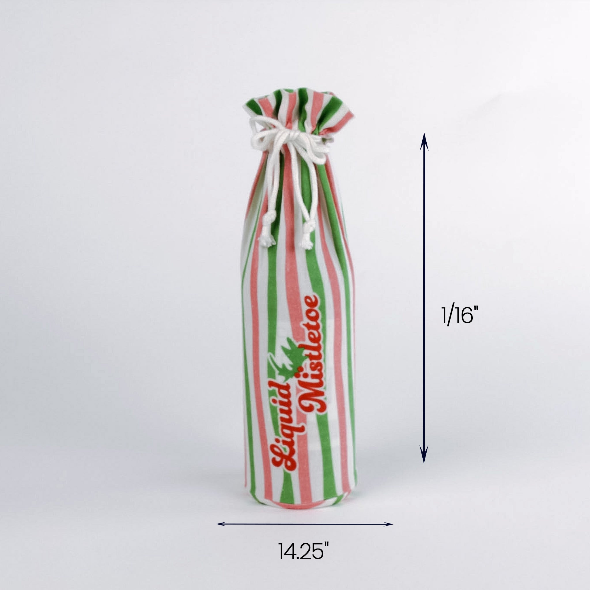 Striped Christmas bottle bag with red green and white colors and Liquid Mistletoe text shown standing upright with size measurements.