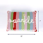 Rectangular pillow with colorful vertical stripes and the word sparkle across the front shown with 18 inch width and 7 inch height.