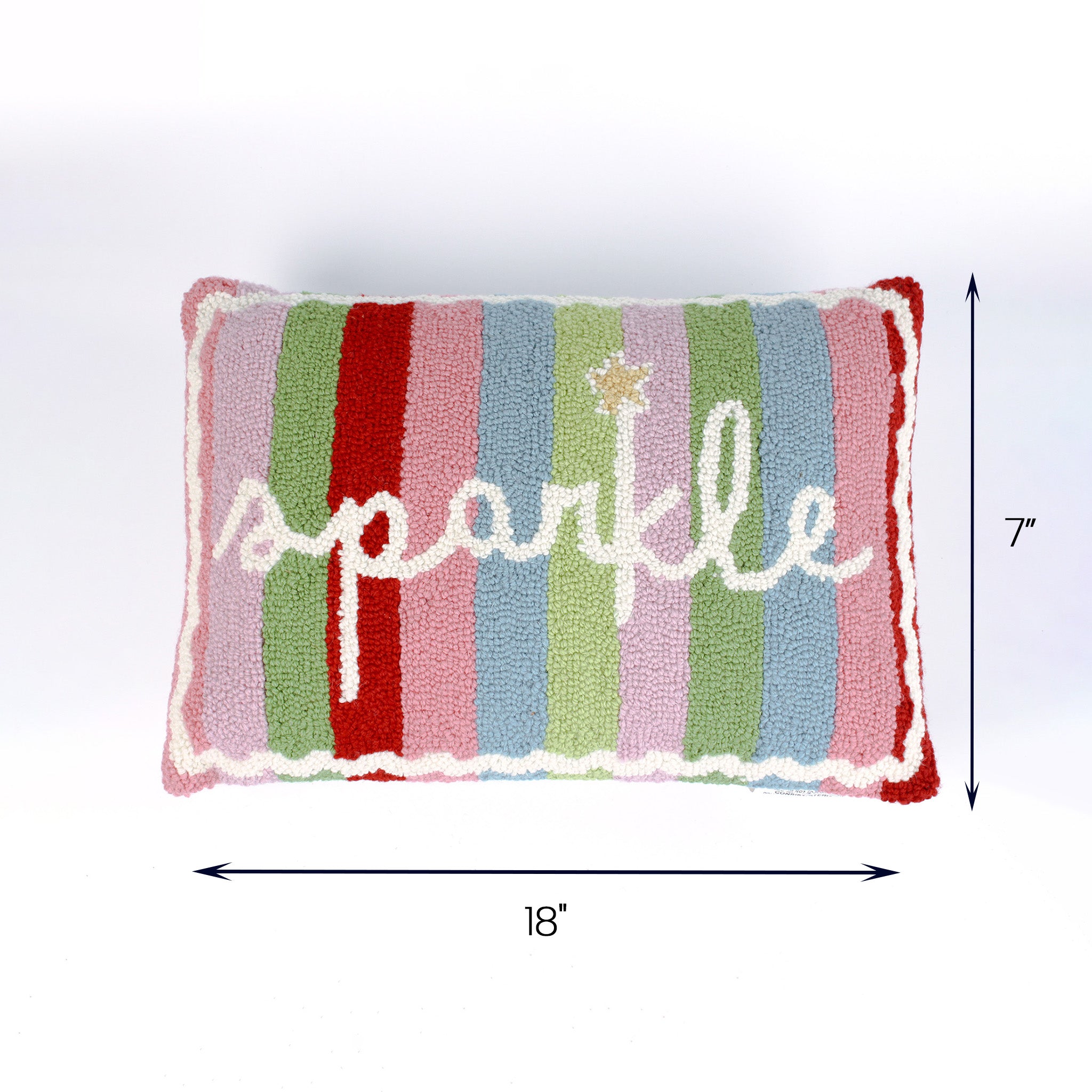 Rectangular pillow with colorful vertical stripes and the word sparkle across the front shown with 18 inch width and 7 inch height.