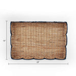 A navy scalloped rattan tray with dimension that reads 15" wide x 23" long