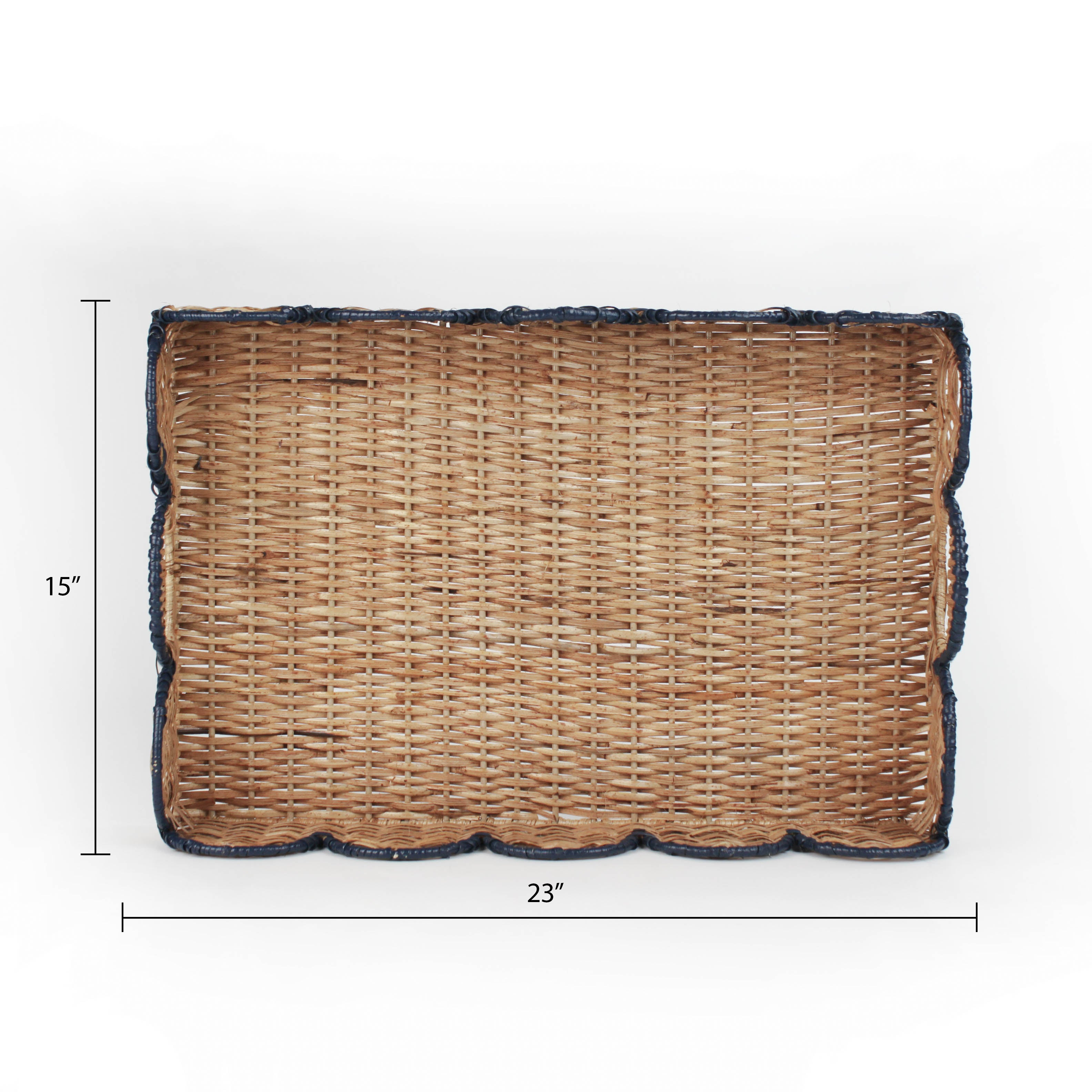 A navy scalloped rattan tray with dimension that reads 15" wide x 23" long