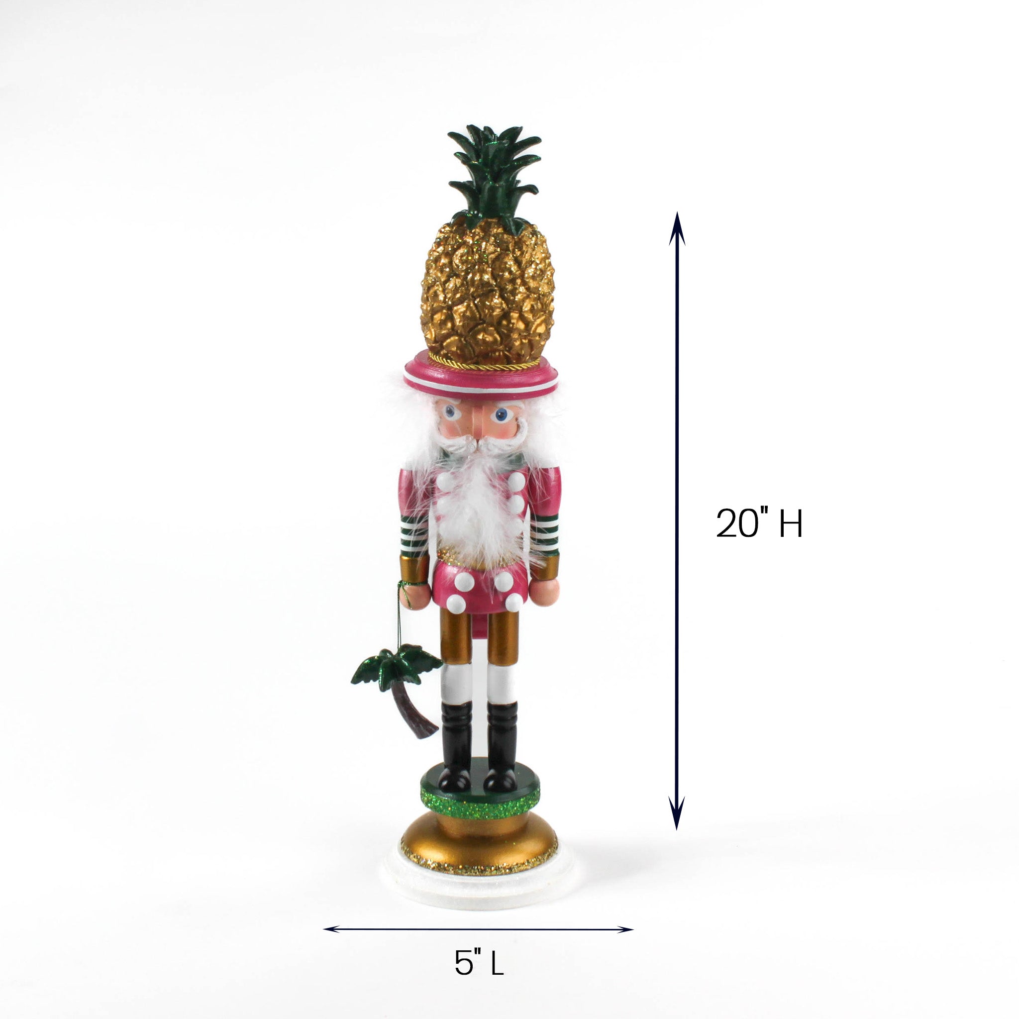 Christmas nutcracker figurine with gold pineapple hat, pink outfit, standing 20 inches tall.