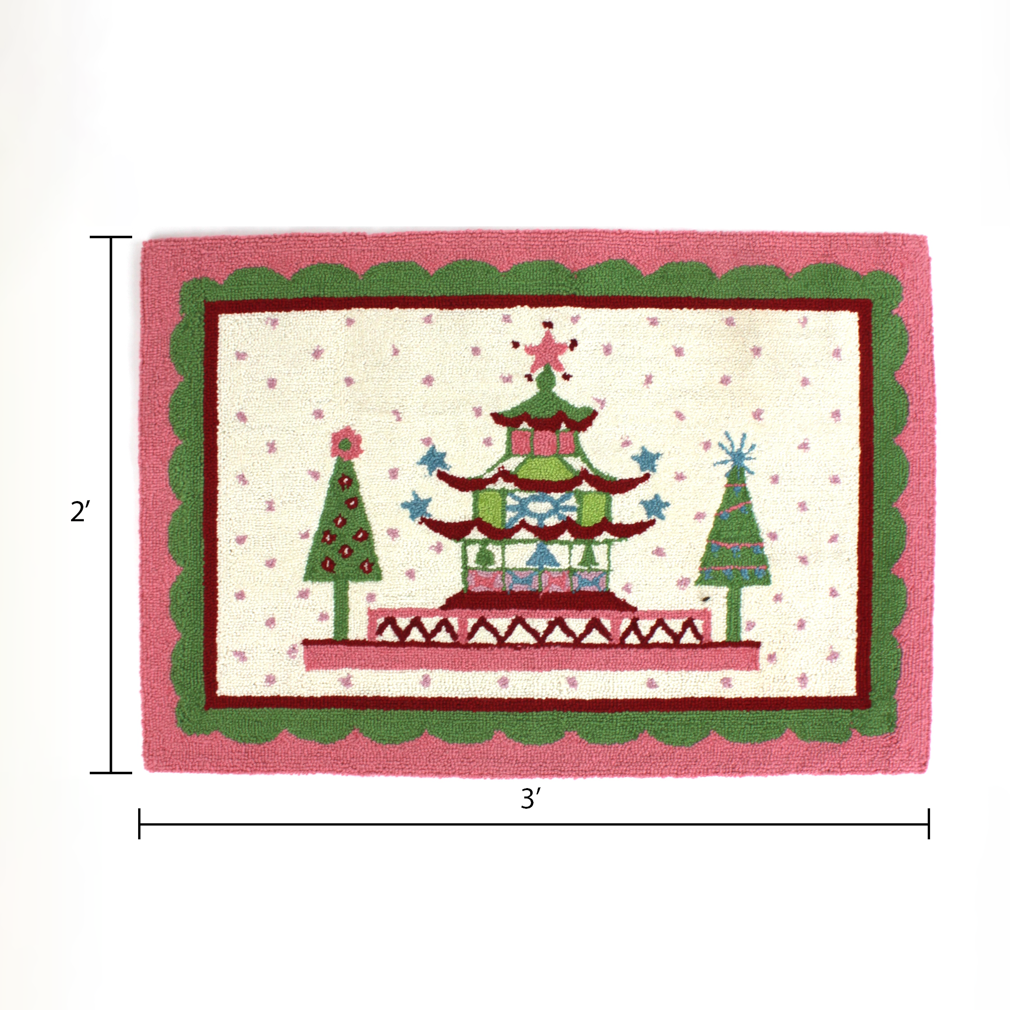 Pink and green rug with pagoda and christmas tree motifs dimensions of 2" by 3"
